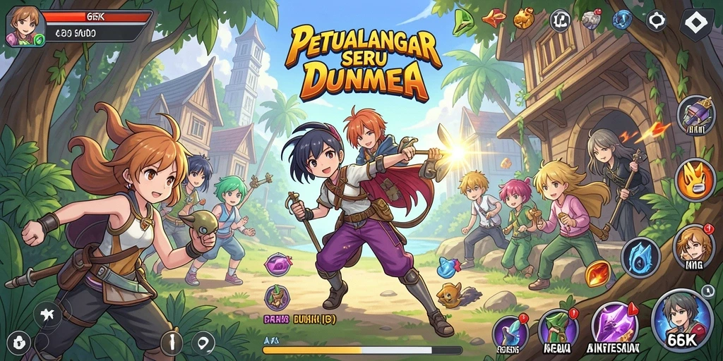 Tangkapan layar gameplay 66K yang menampilkan karakter anime dalam pertempuran.
