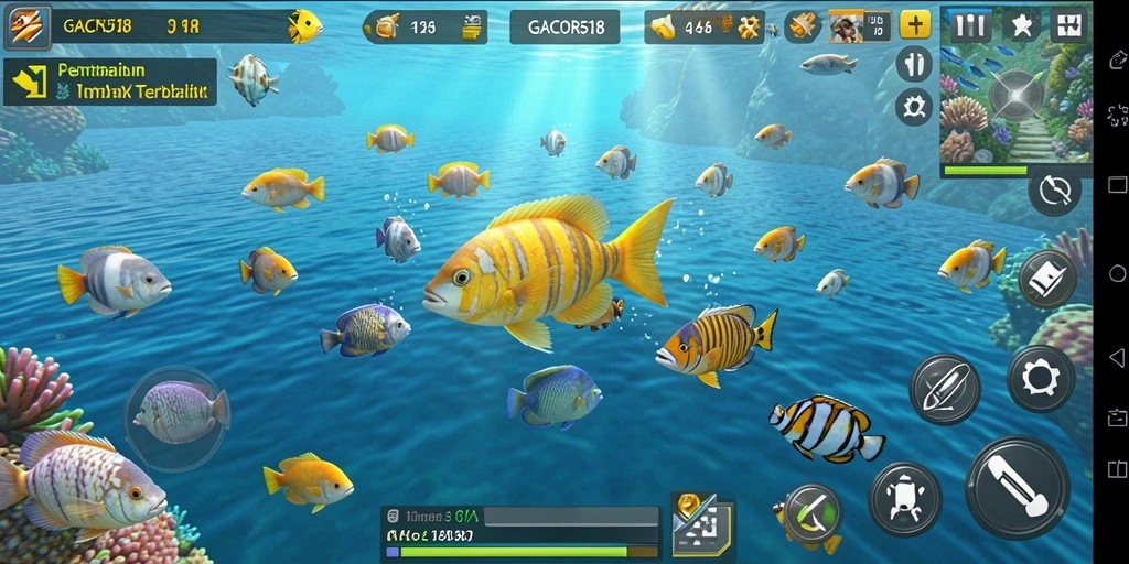 Screenshot gameplay GACOR518 menampilkan aksi seru menembak ikan.