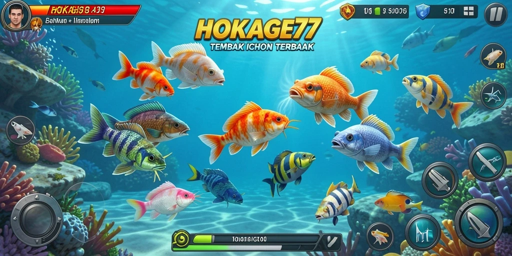 Tampilan gameplay HOKAGE77 di lautan penuh ikan warna-warni.