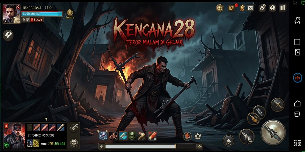 Tampilan gameplay KENCANA28 yang menyeramkan dan atmosfer yang gelap.