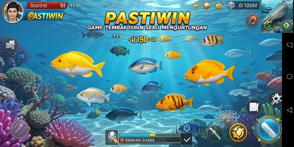 Screenshot gameplay PASTIWIN menampilkan aksi tembak ikan yang seru.