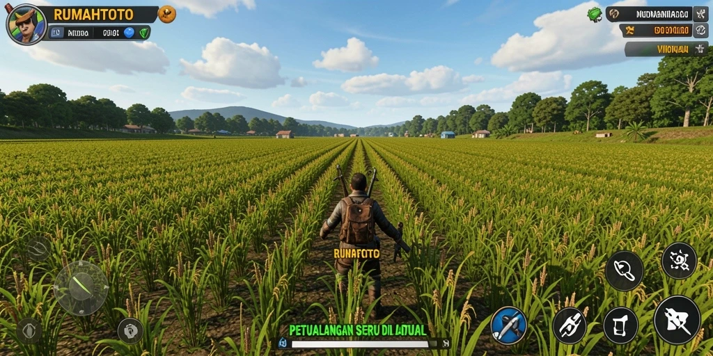 Tampilan gameplay RUMAHTOTO yang menampilkan kebun hijau dan hewan ternak.
